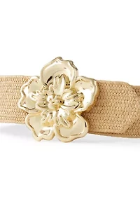 Raffia Stretch Belt with Flower Buckle
