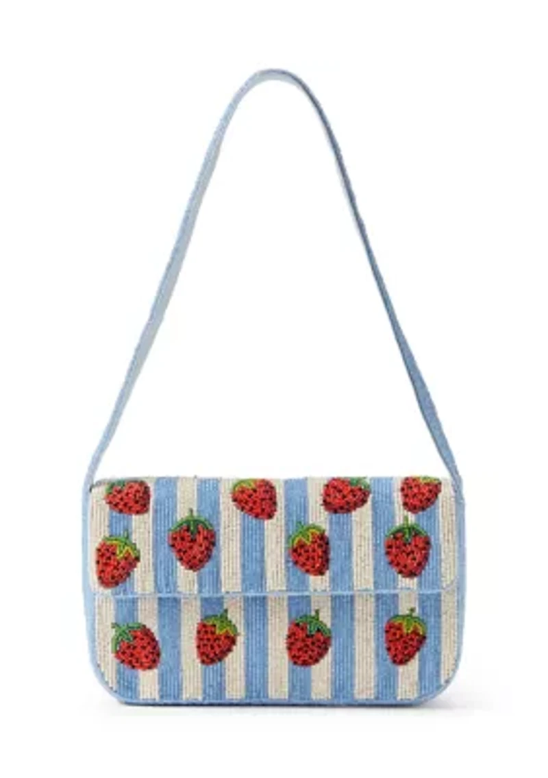 Beaded Strawberry Striped Shoulder Bag