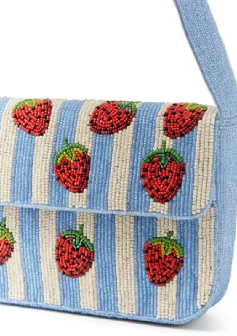 Beaded Strawberry Striped Shoulder Bag
