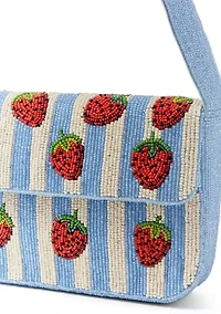 Beaded Strawberry Striped Shoulder Bag