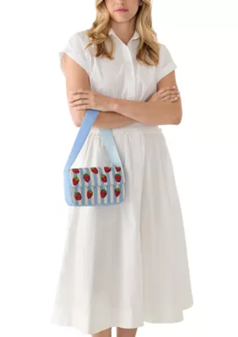 Beaded Strawberry Striped Shoulder Bag