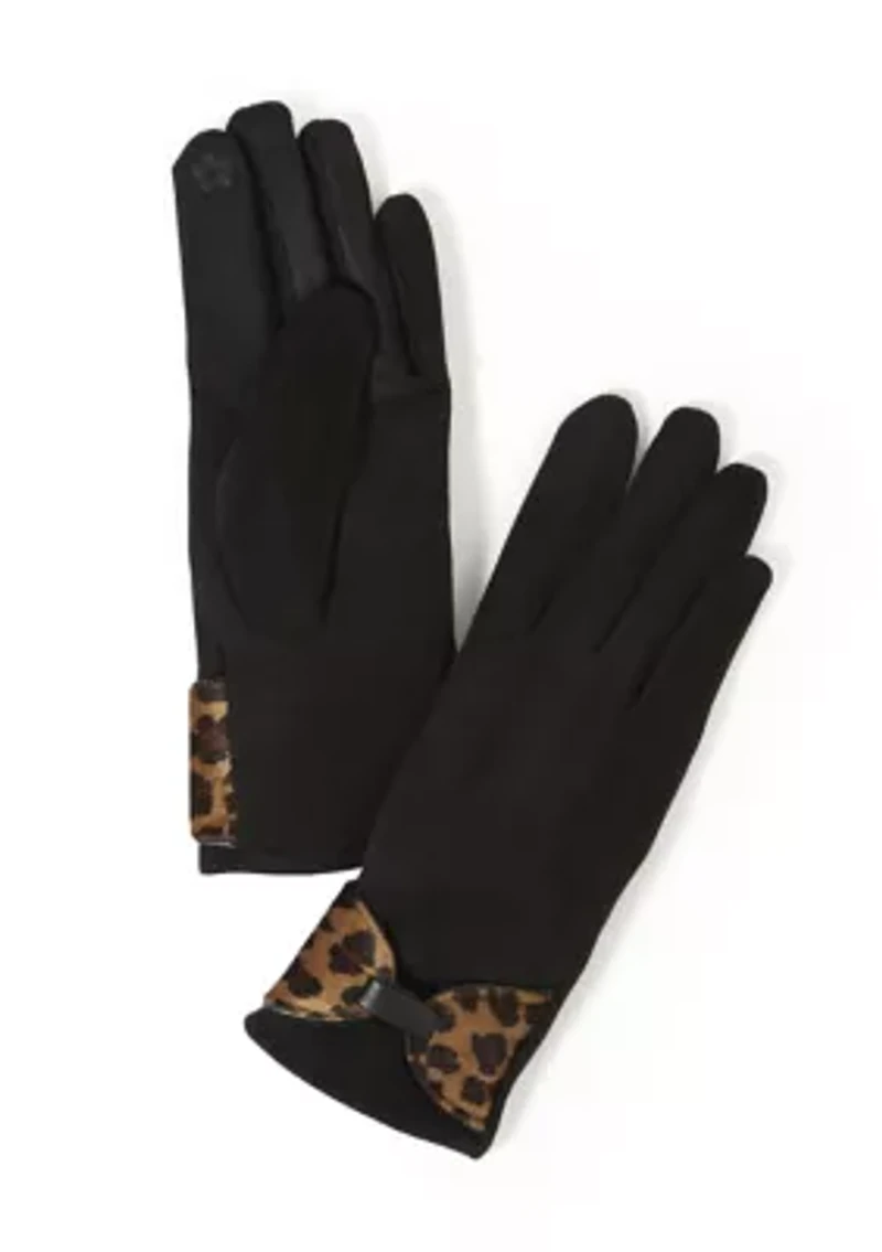 Women's Faux Suede Leopard Print Bow Detail Glove