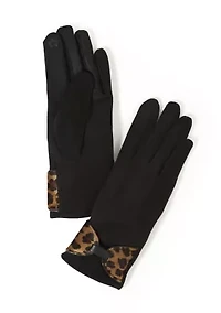 Women's Faux Suede Leopard Print Bow Detail Glove