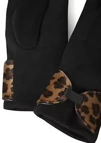 Women's Faux Suede Leopard Print Bow Detail Glove