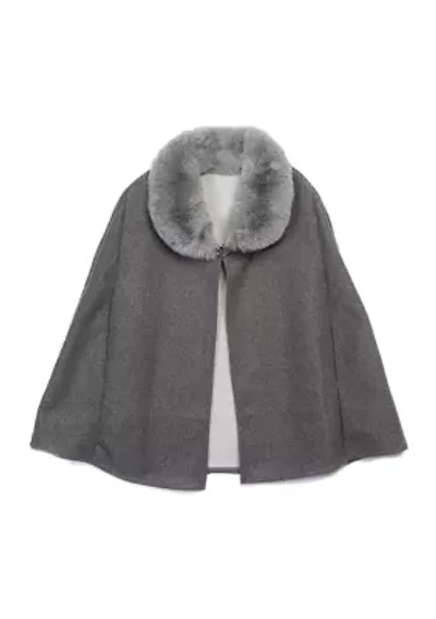 Women's Solid Faux Fur Collared Cape Topper