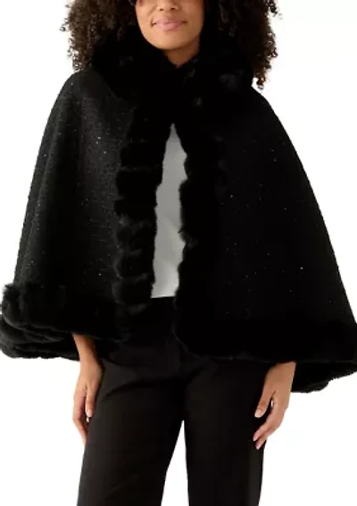 Women's Tweed Sequin Cape with Faux Fur