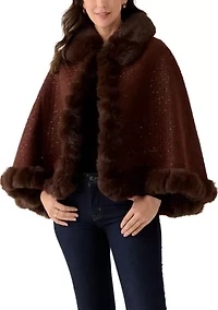 Women's Tweed Sequin Cape with Faux Fur