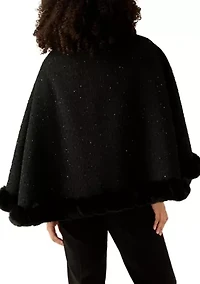 Women's Tweed Sequin Cape with Faux Fur