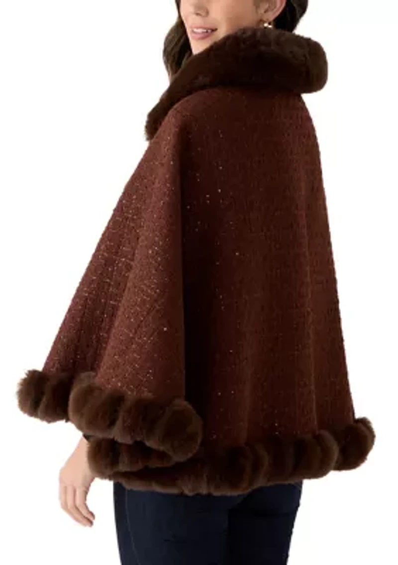 Women's Tweed Sequin Cape with Faux Fur