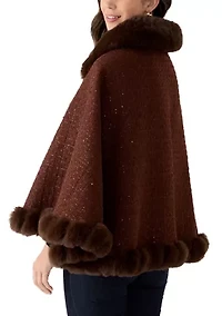 Women's Tweed Sequin Cape with Faux Fur