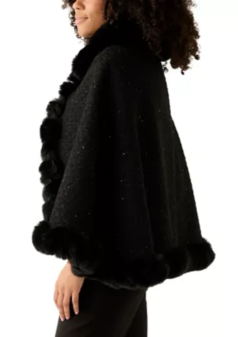Women's Tweed Sequin Cape with Faux Fur
