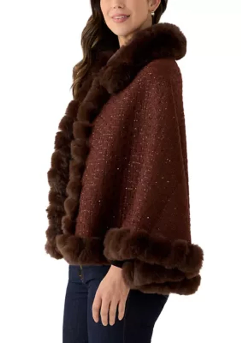 Women's Tweed Sequin Cape with Faux Fur