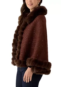 Women's Tweed Sequin Cape with Faux Fur