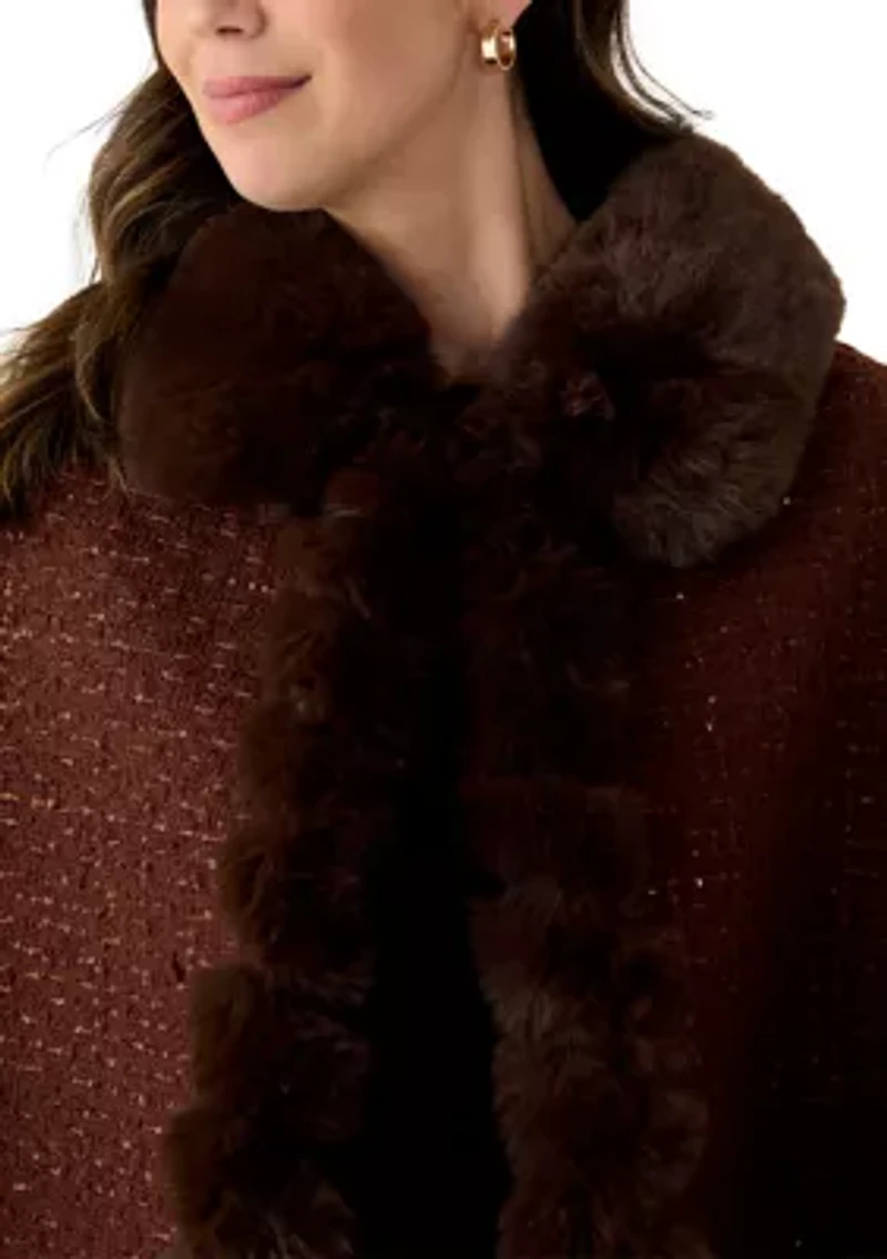 Women's Tweed Sequin Cape with Faux Fur