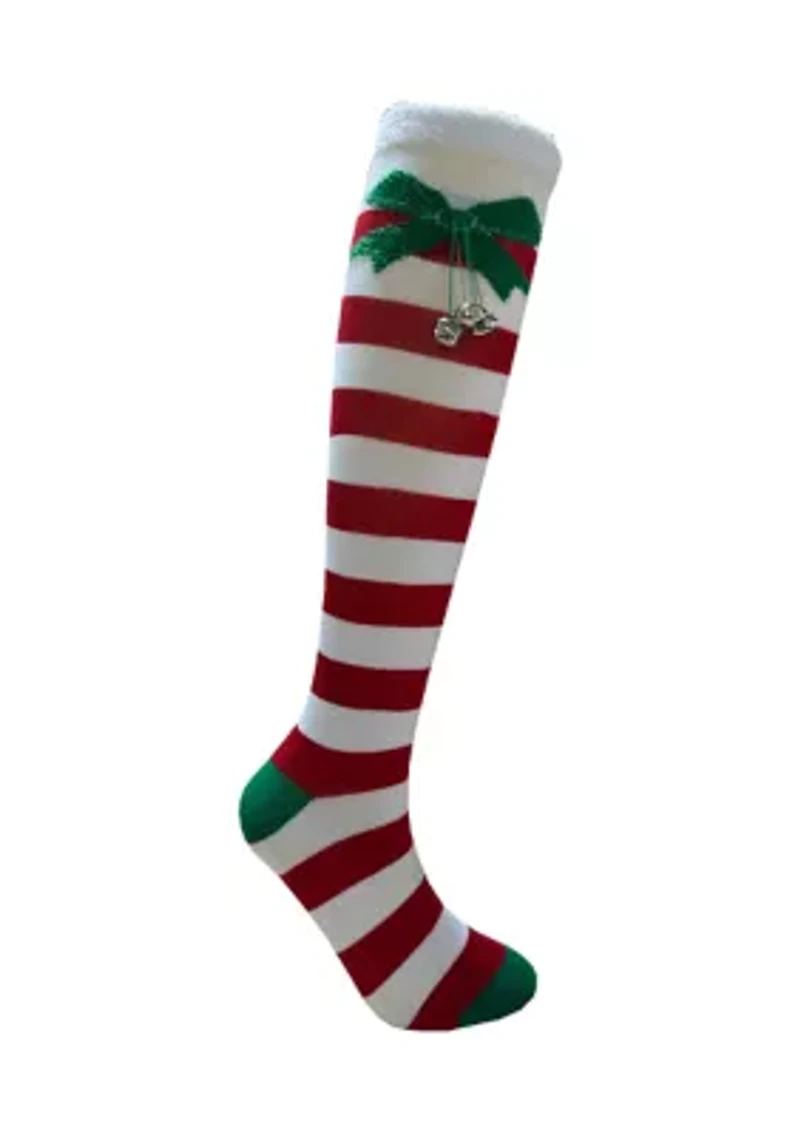 Red and White Stripe Socks with Bow and Bells