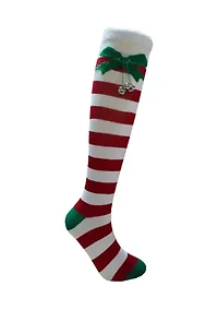 Red and White Stripe Socks with Bow and Bells