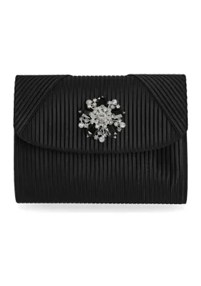 Lori Flap Brooch Pleated Satin Clutch