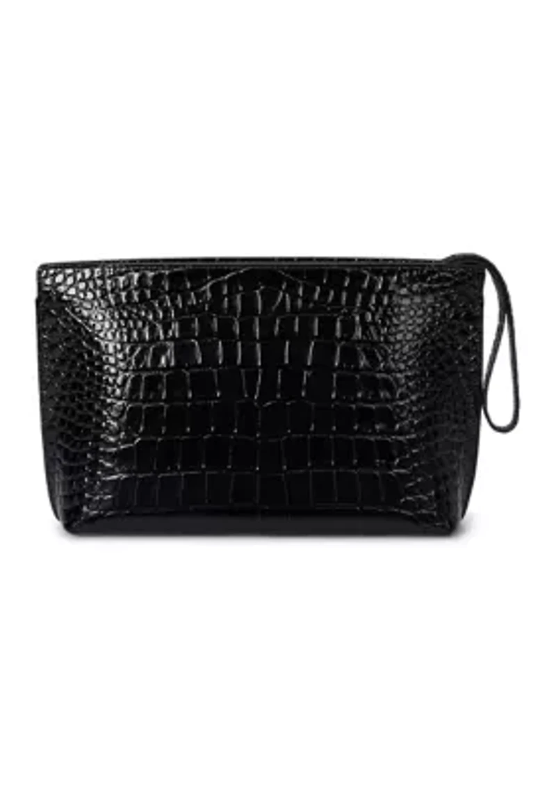 Crocodile-Embossed Leather Large Pouch