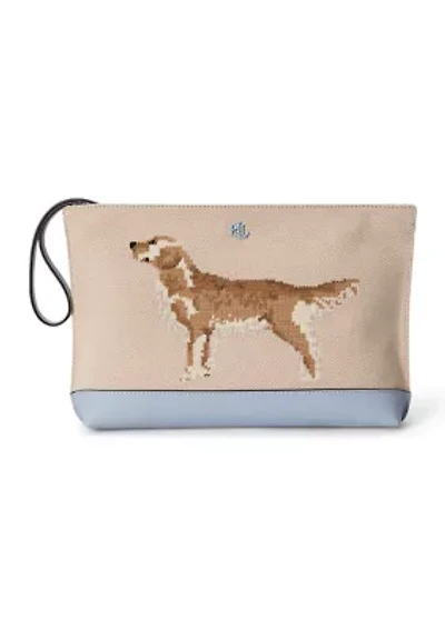 Dog-Embroidered Canvas Large Pouch