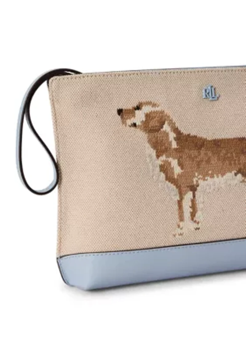 Dog-Embroidered Canvas Large Pouch