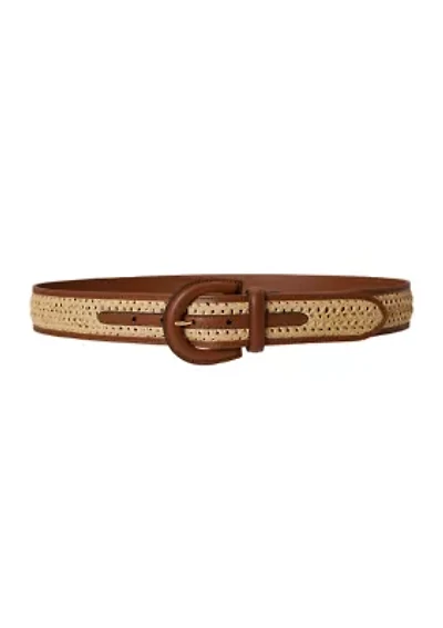 Crescent-Buckle Straw-Leather Wide Belt