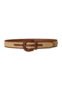 Crescent-Buckle Straw-Leather Wide Belt