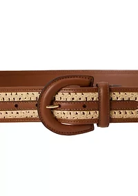 Crescent-Buckle Straw-Leather Wide Belt