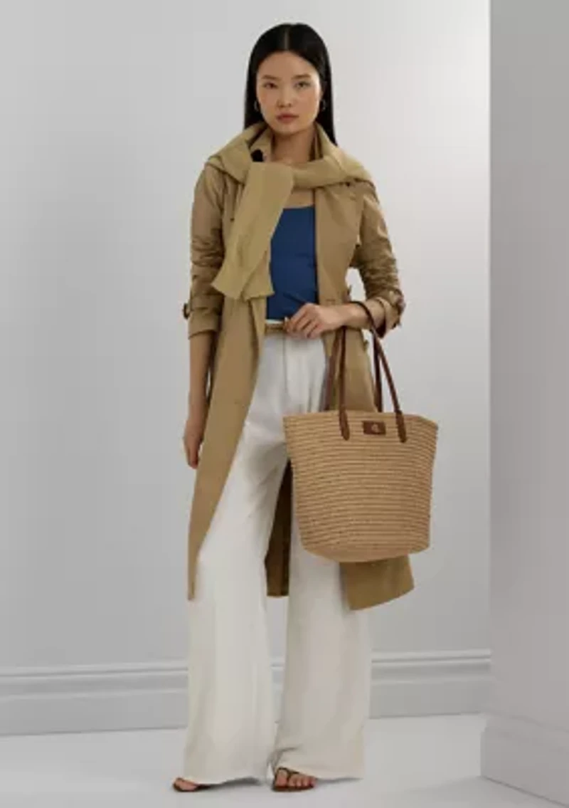 Leather-Trim Straw Large Brie Tote Bag