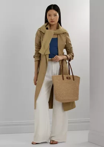 Leather-Trim Straw Large Brie Tote Bag