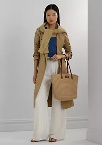 Leather-Trim Straw Large Brie Tote Bag