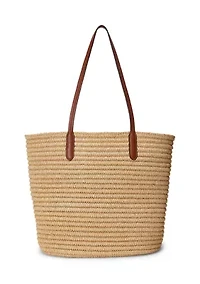 Leather-Trim Straw Large Brie Tote Bag