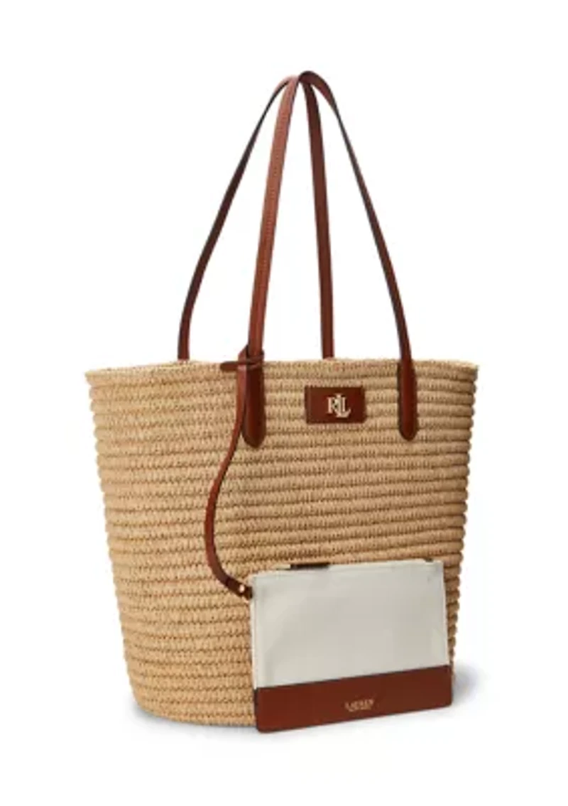 Leather-Trim Straw Large Brie Tote Bag
