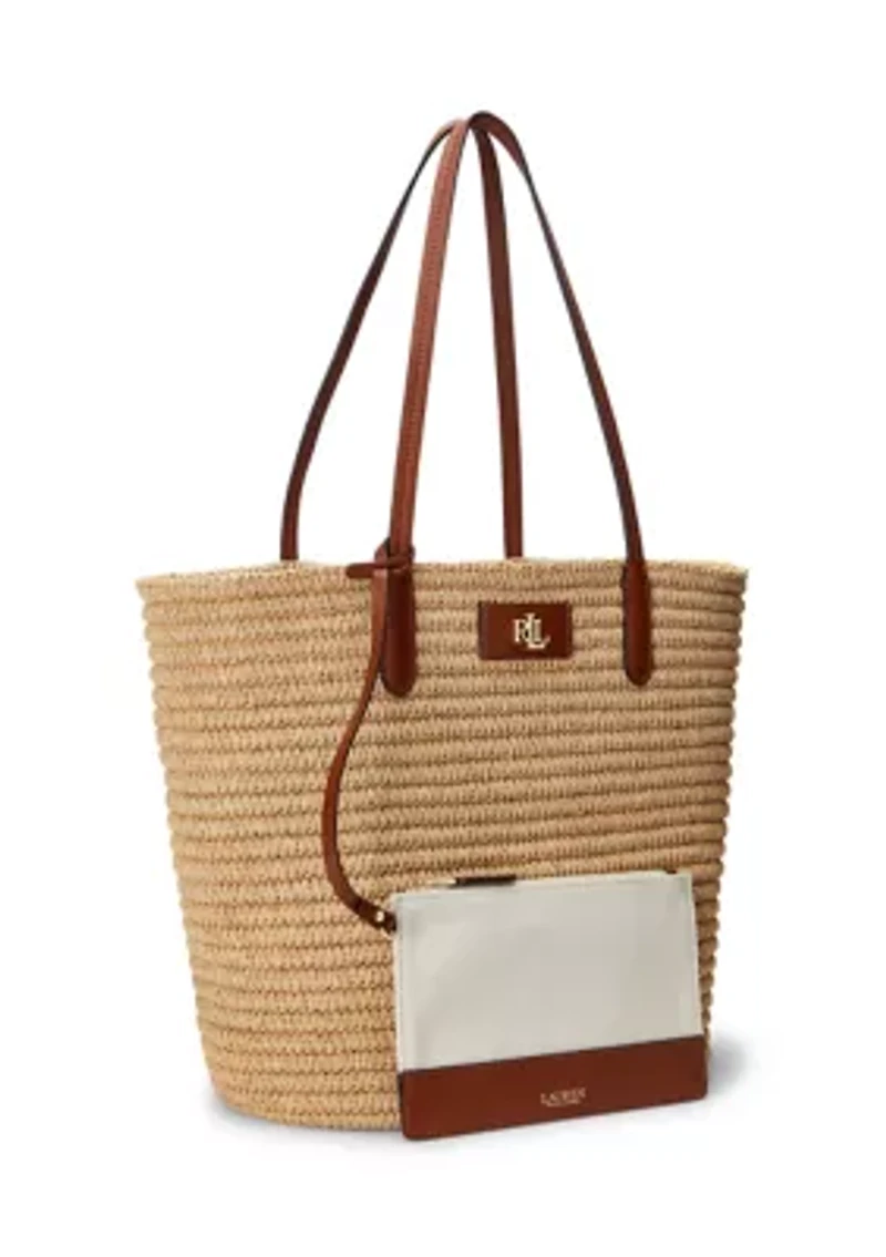 Leather-Trim Straw Large Brie Tote Bag