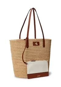 Leather-Trim Straw Large Brie Tote Bag
