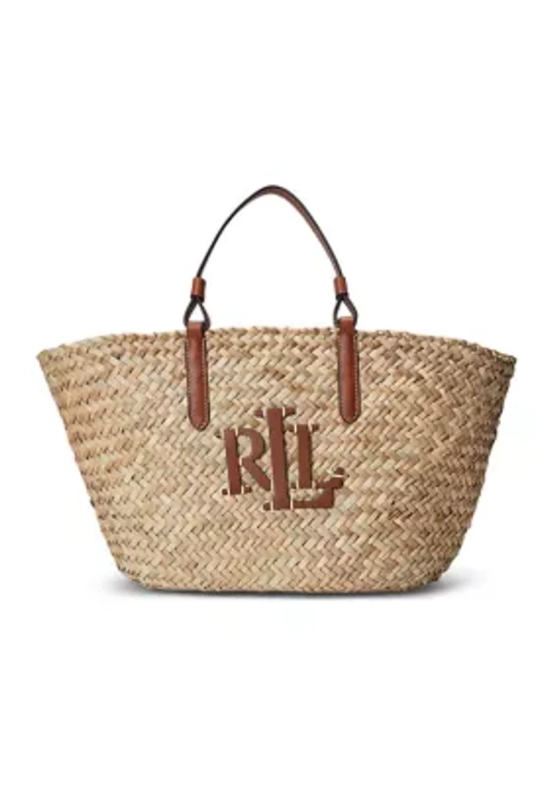 Leather-Trim Straw Medium Shelbie Tote