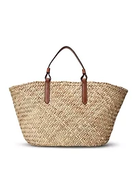 Leather-Trim Straw Medium Shelbie Tote
