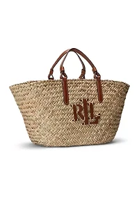 Leather-Trim Straw Medium Shelbie Tote