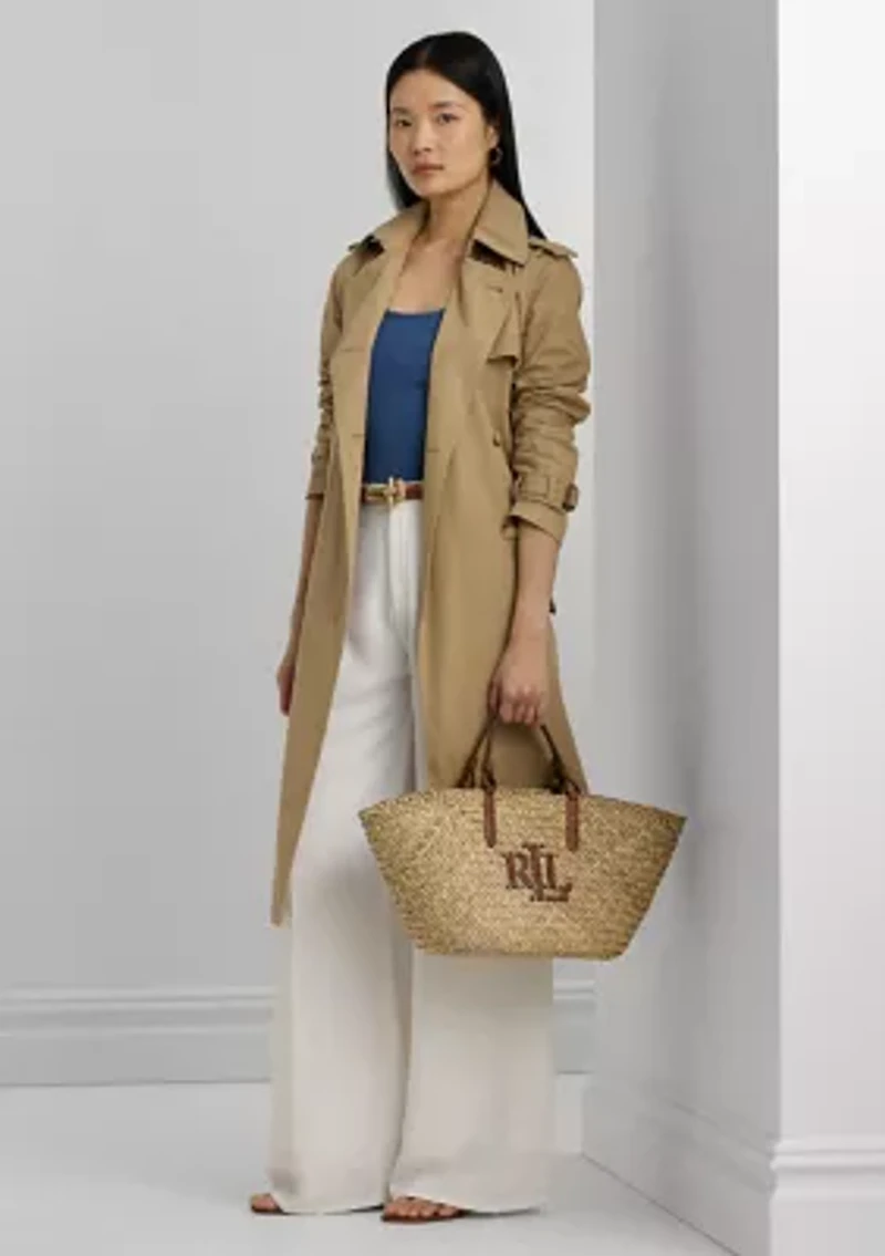 Leather-Trim Straw Medium Shelbie Tote