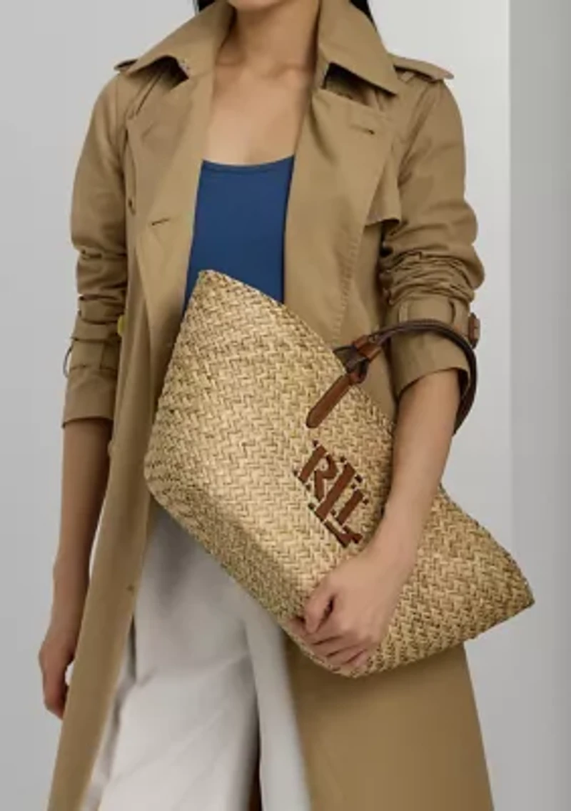 Leather-Trim Straw Medium Shelbie Tote