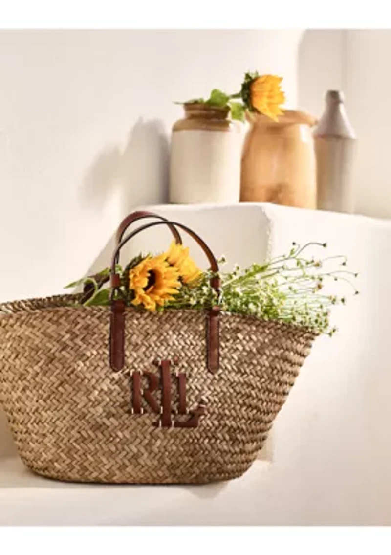 Leather-Trim Straw Medium Shelbie Tote