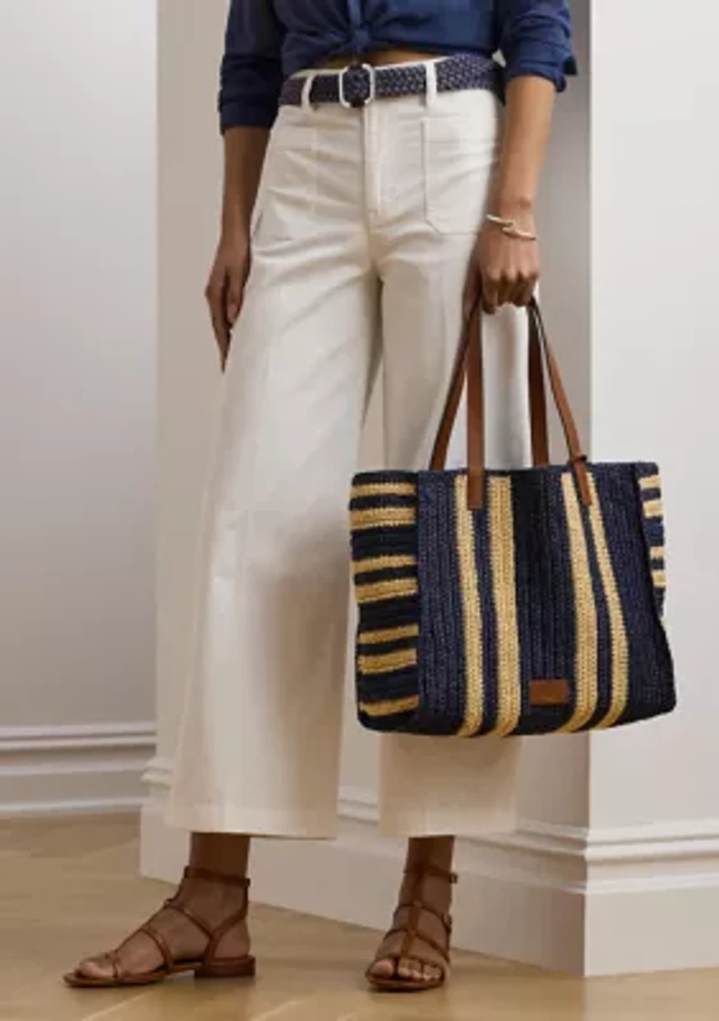 Striped Woven Straw Large Wilow Tote Bag