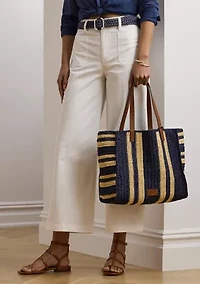 Striped Woven Straw Large Wilow Tote Bag