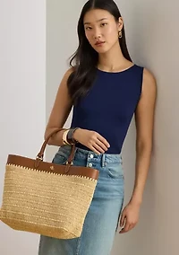 Leather-Trim Straw Large Kyla Tote Bag