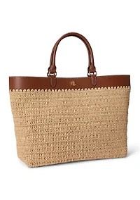 Leather-Trim Straw Large Kyla Tote Bag