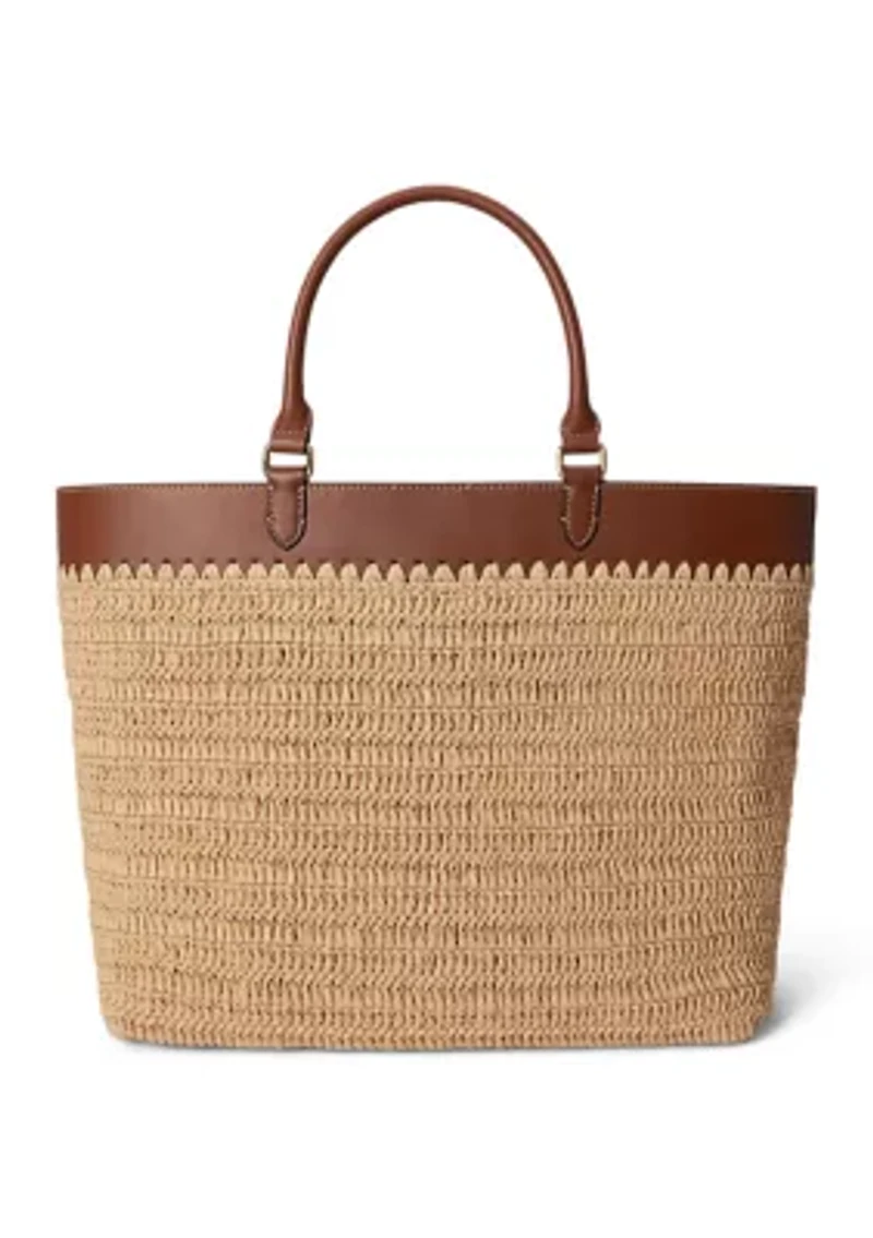 Leather-Trim Straw Large Kyla Tote Bag