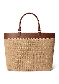 Leather-Trim Straw Large Kyla Tote Bag