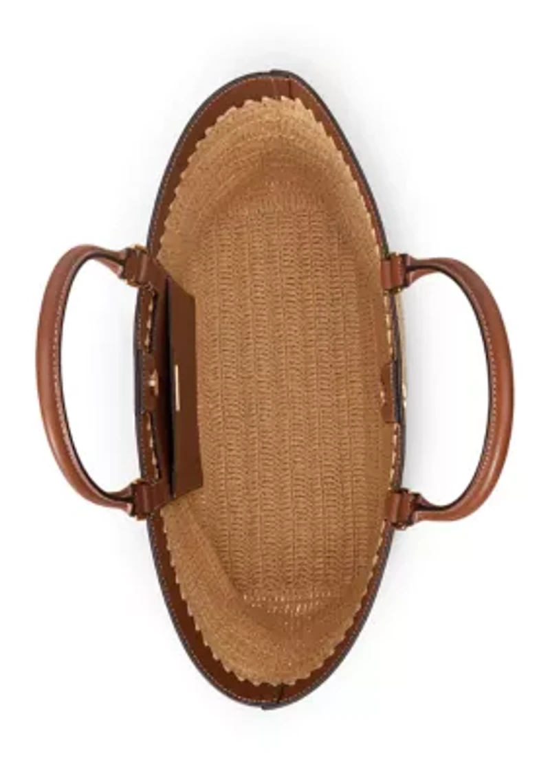 Leather-Trim Straw Large Kyla Tote Bag