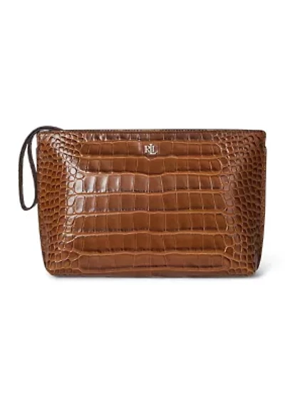 Crocodile-Embossed Leather Large Pouch