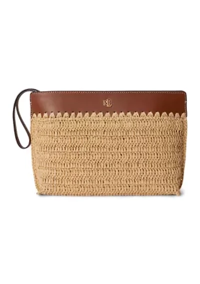 Leather-Trim Crocheted Straw Large Pouch