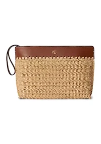 Leather-Trim Crocheted Straw Large Pouch